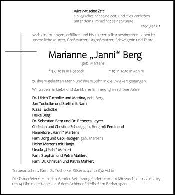 Todesanzeige von Marianne Berg von SYK