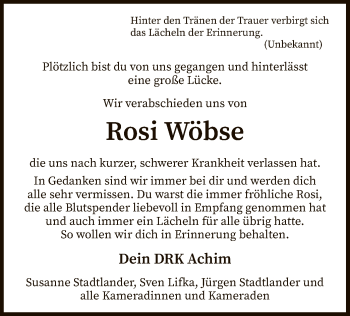 Todesanzeige von Rosi Wöbse von SYK