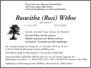 Todesanzeige von Roswitha Wöbse von SYK
