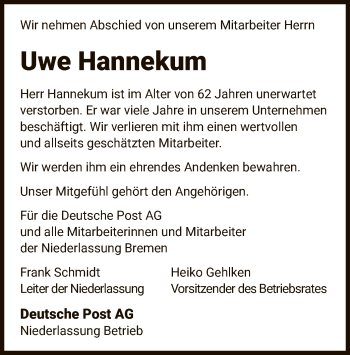 Todesanzeige von Uwe Hannekum von SYK