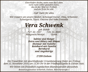Todesanzeige von Vera Schwenk von SYK