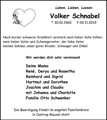 Todesanzeige von Volker Schnabel von SYK
