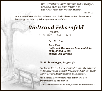 Todesanzeige von Waltraud Fehsenfeld von SYK