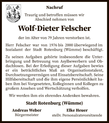 Todesanzeige von Wolf-Dieter Felscher von SYK