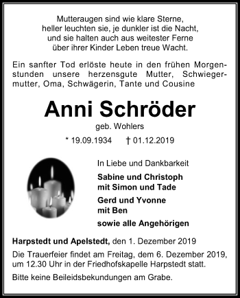 Todesanzeige von Anni Schröder von SYK