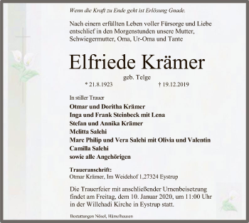 Todesanzeige von Elfriede Krämer von SYK