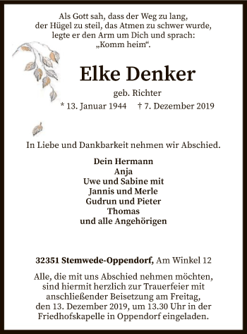 Todesanzeige von Elke Denker von SYK