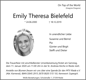 Todesanzeige von Emily Theresa Bielefeld von SYK