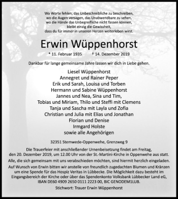 Todesanzeige von Erwin Wüppenhorst von SYK