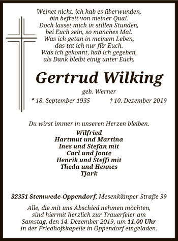 Todesanzeige von Gertrud Wilking von SYK