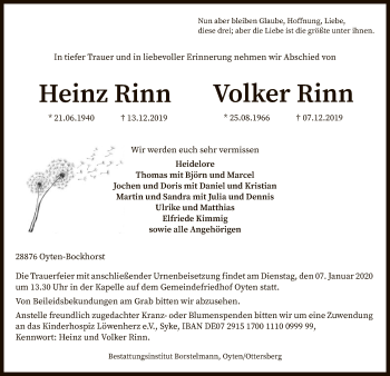 Todesanzeige von Heinz und Volker Rinn von SYK