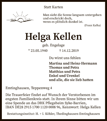 Todesanzeige von Helga Kellen von SYK