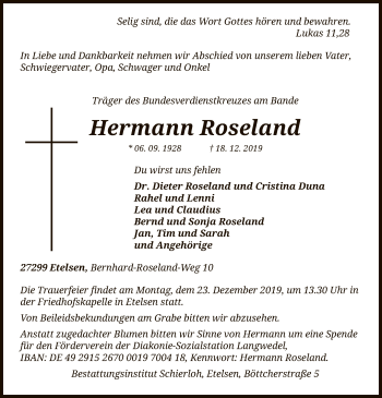 Todesanzeige von Hermann Roseland von SYK
