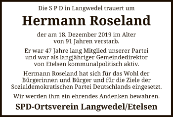 Todesanzeige von Hermann Roseland von SYK