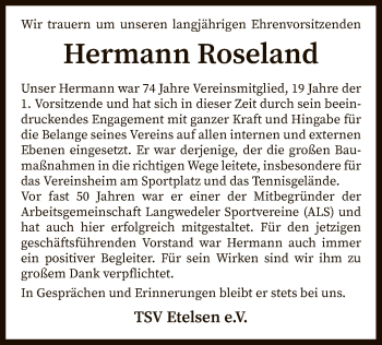 Todesanzeige von Hermann Roseland von SYK