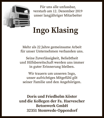 Todesanzeige von Ingo Klasing von SYK