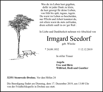 Todesanzeige von Irmgard Seedorf von SYK