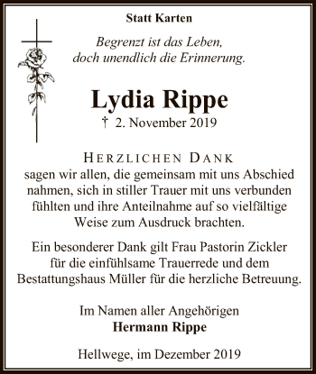 Todesanzeige von Lydia Rippe von SYK