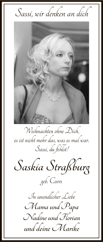 Todesanzeige von Saskia Straßburg von SYK