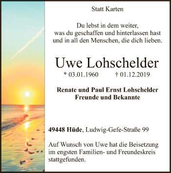 Todesanzeige von Uwe Lohschelder von SYK
