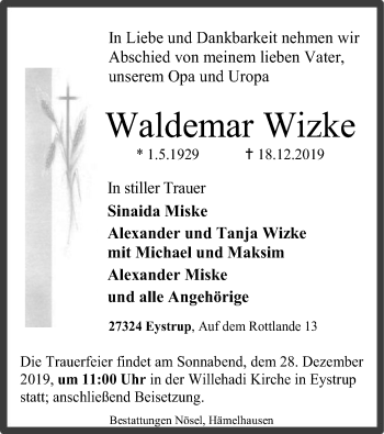 Todesanzeige von Waldemar Wizke von SYK