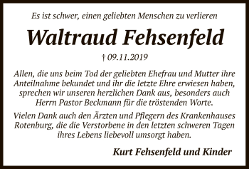 Todesanzeige von Waltraud Fehsenfeld von SYK