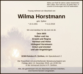 Todesanzeige von Wilma Horstmann von SYK