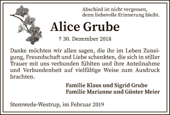 Todesanzeige von Alice Grube von SYK