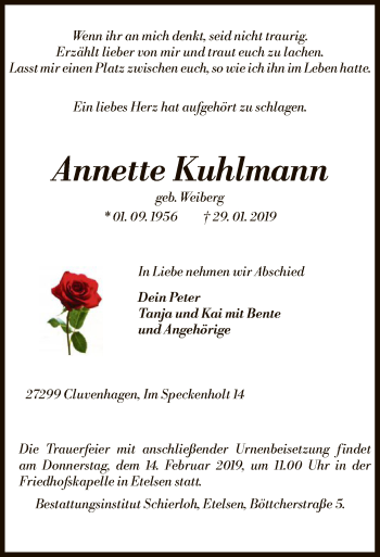 Todesanzeige von Annette Kuhlmann von SYK