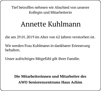 Todesanzeige von Annette Kuhlmann von SYK