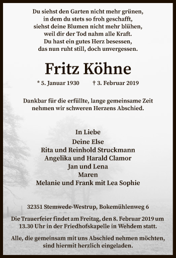 Todesanzeige von Fritz Köhne von SYK
