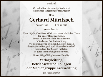 Todesanzeige von Gerhard Müritzsch von SYK