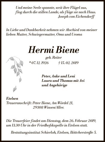 Todesanzeige von Hermi Biene von SYK