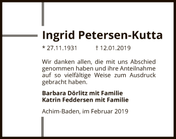 Todesanzeige von Ingrid Petersen-Kutta von SYK