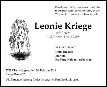 Todesanzeige von Leonie Kriege von SYK