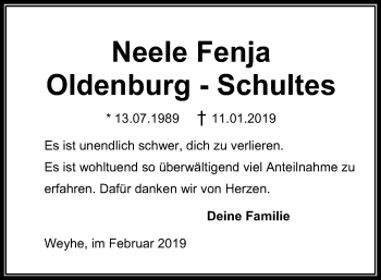 Todesanzeige von Neele Fenja Oldenburg-Schultes von SYK