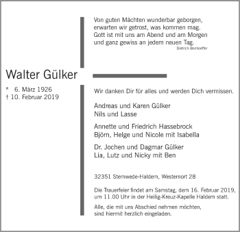 Todesanzeige von Walter Gülker von SYK