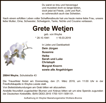 Todesanzeige von Grete Wetjen von SYK