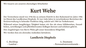 Todesanzeige von Kurt Wehe von SYK