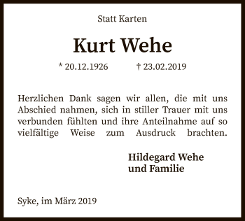 Todesanzeige von Kurt Wehe von SYK