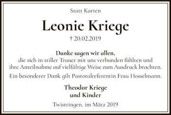 Todesanzeige von Leonie Kriege von SYK