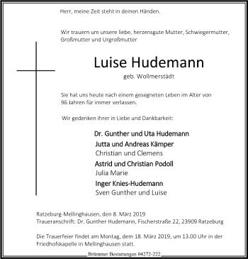 Todesanzeige von Luise Hudemann von SYK