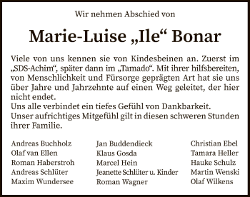 Todesanzeige von Marie-Luise Bonar von SYK