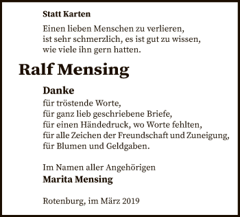 Todesanzeige von Ralf Mensing von SYK