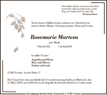 Todesanzeige von Rosemarie Martens von SYK