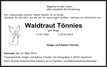 Todesanzeige von Waldtraut Tönnies von SYK