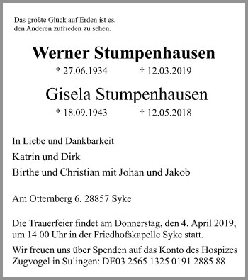 Todesanzeige von Werner und Gisela Stumpenhausen von SYK