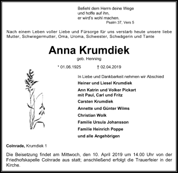 Todesanzeige von Anna Krumdiek von SYK