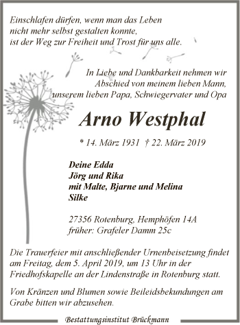 Todesanzeige von Arno Westphal von SYK