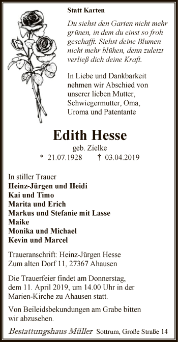 Todesanzeige von Edith Hesse von SYK